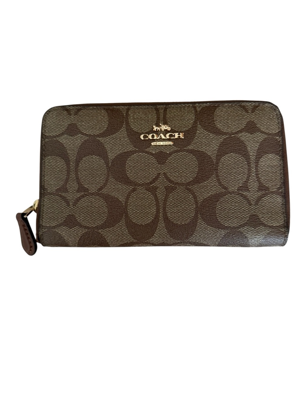 EUC-Coach Brown Signature Zip Wallet with Gold Logo